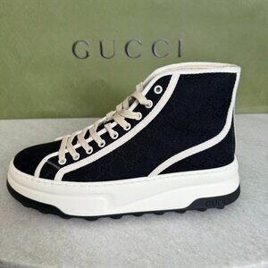 GUCCI 745999 TENNIS 1977 HIGH TOP SNEAKERS IN BLACK GG MONOGRAM SZ G8 (US 8.5)